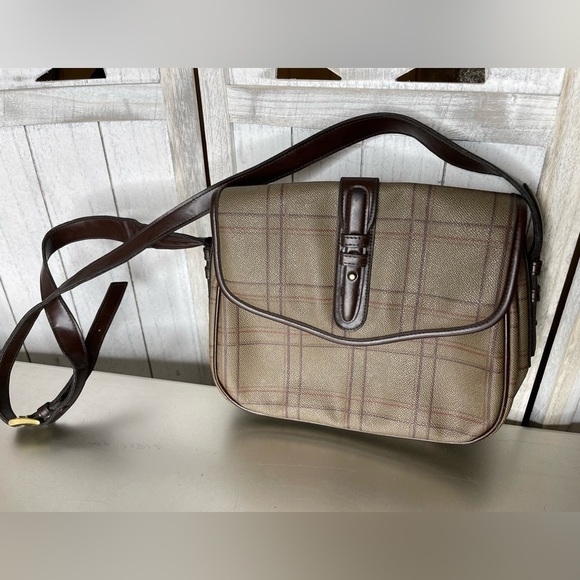 Vintage Liz Claiborne Striped Coated Canvas Boho Brown Crossbody Shoulder Bag - Picture 1 of 9